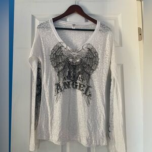 Like New Hot Leathers sheer long-sleeve T-Shirt. “Asphalt Angel”. Fits like a Lg